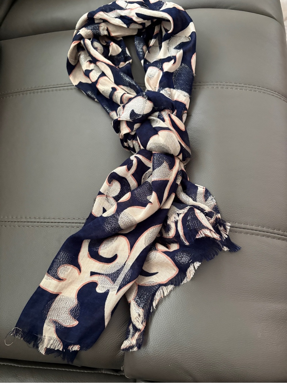 LOFT Navy Blue Scarf with Cream and Soft Pink Pattern